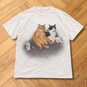 Funny Smoking Drinking Cats Graphic Tee White Relaxed Cat Humor Aesthetic Shirt
